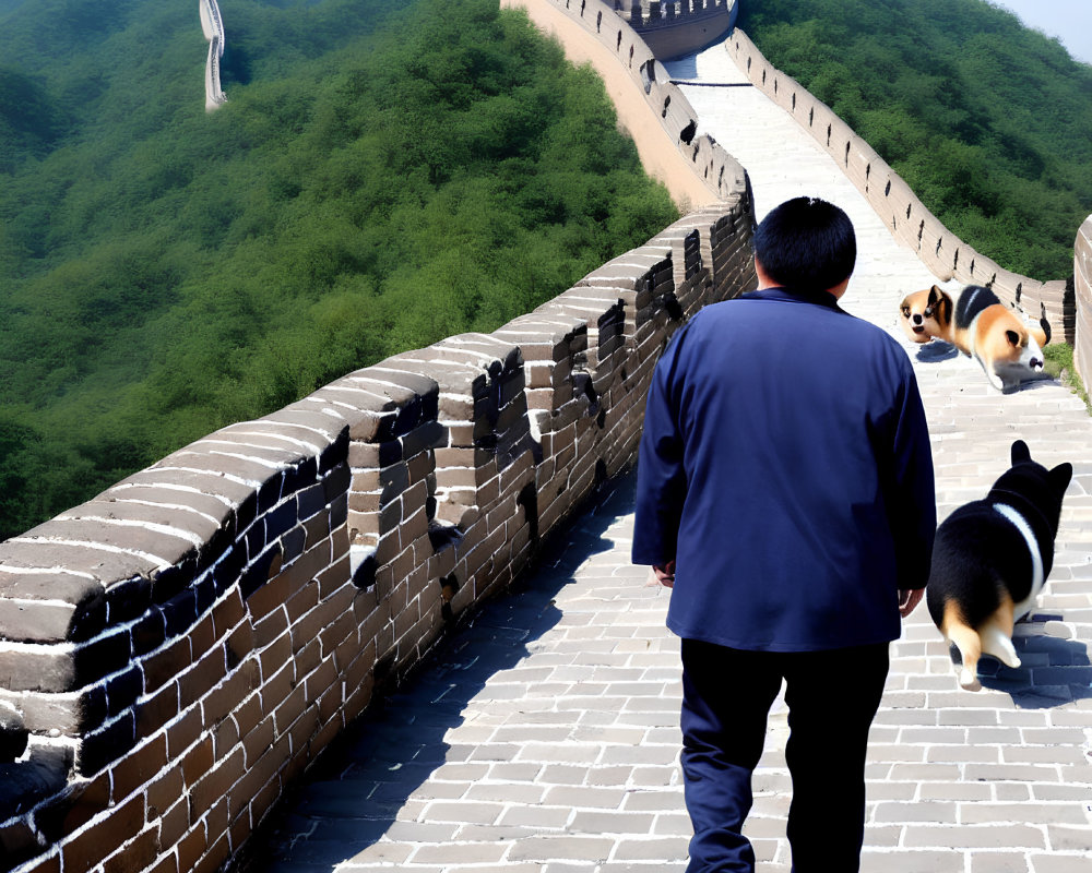 Man in Navy Blue Jacket Walks Great Wall with Two Corgis