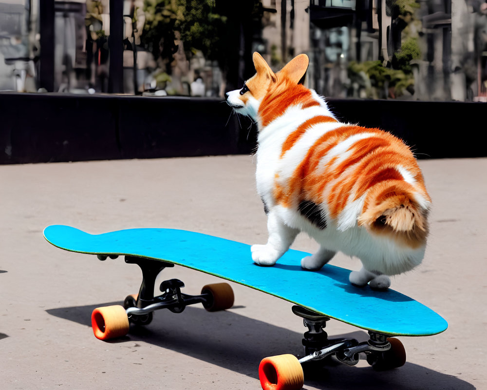 Orange and White Cat on Blue Skateboard in Urban Setting