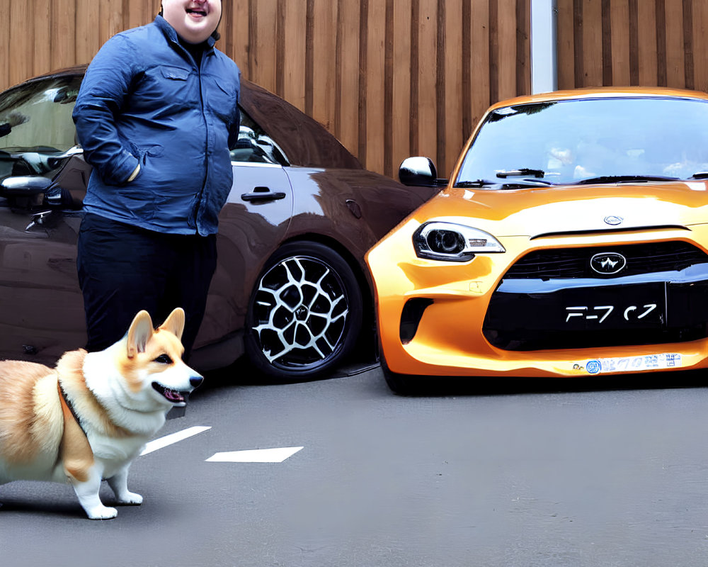 Smiling person with corgi dog and sports car with custom license plate