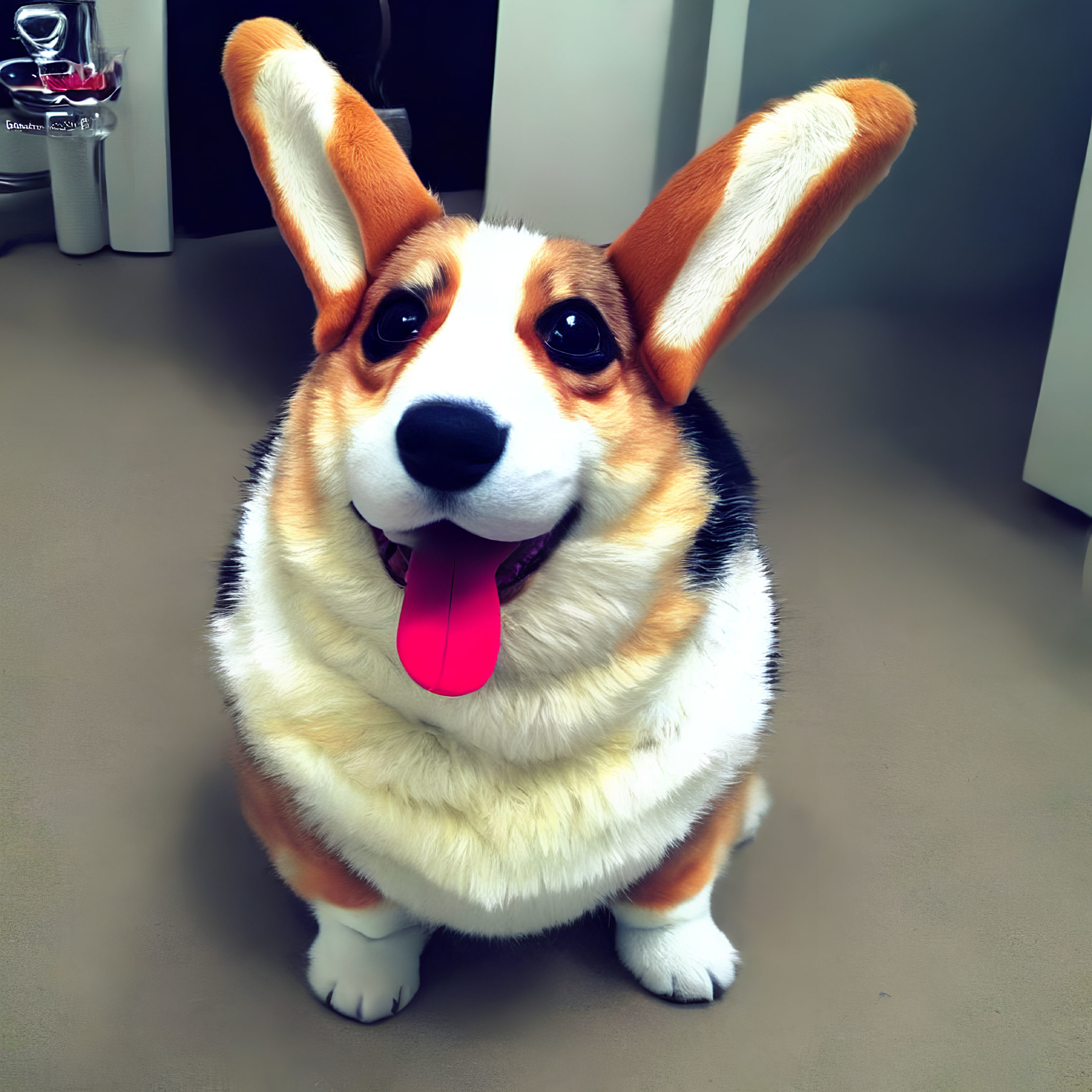 Smiling corgi with big ears and tongue out on floor