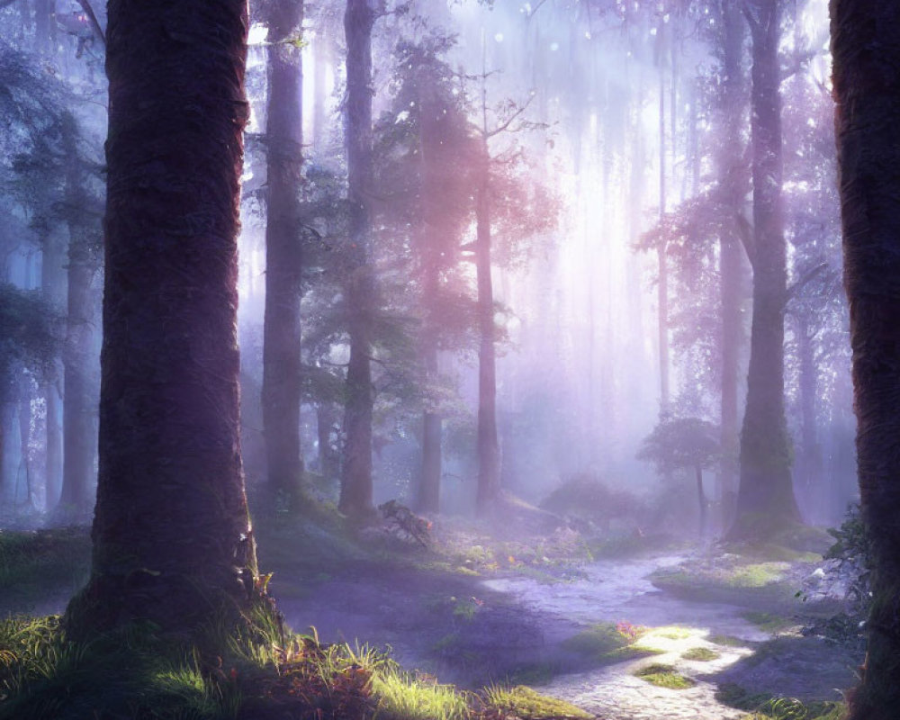 Misty forest scene with sunlight illuminating stone path