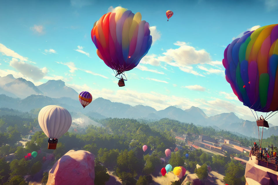 Vibrant hot air balloons over lush landscape with mountains