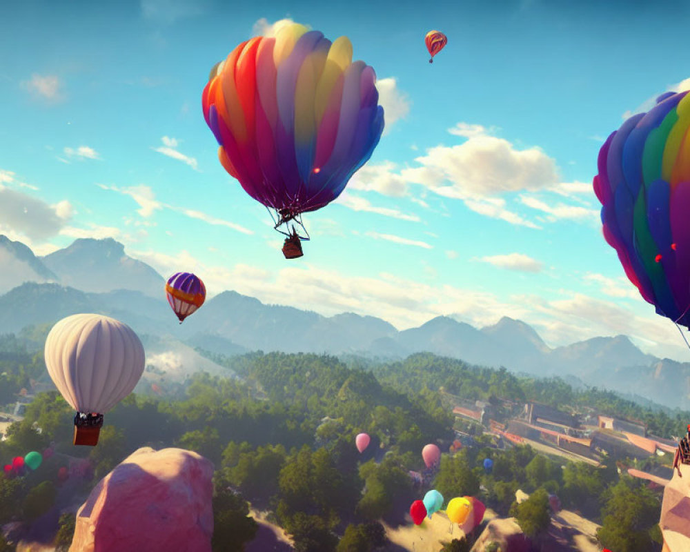 Vibrant hot air balloons over lush landscape with mountains