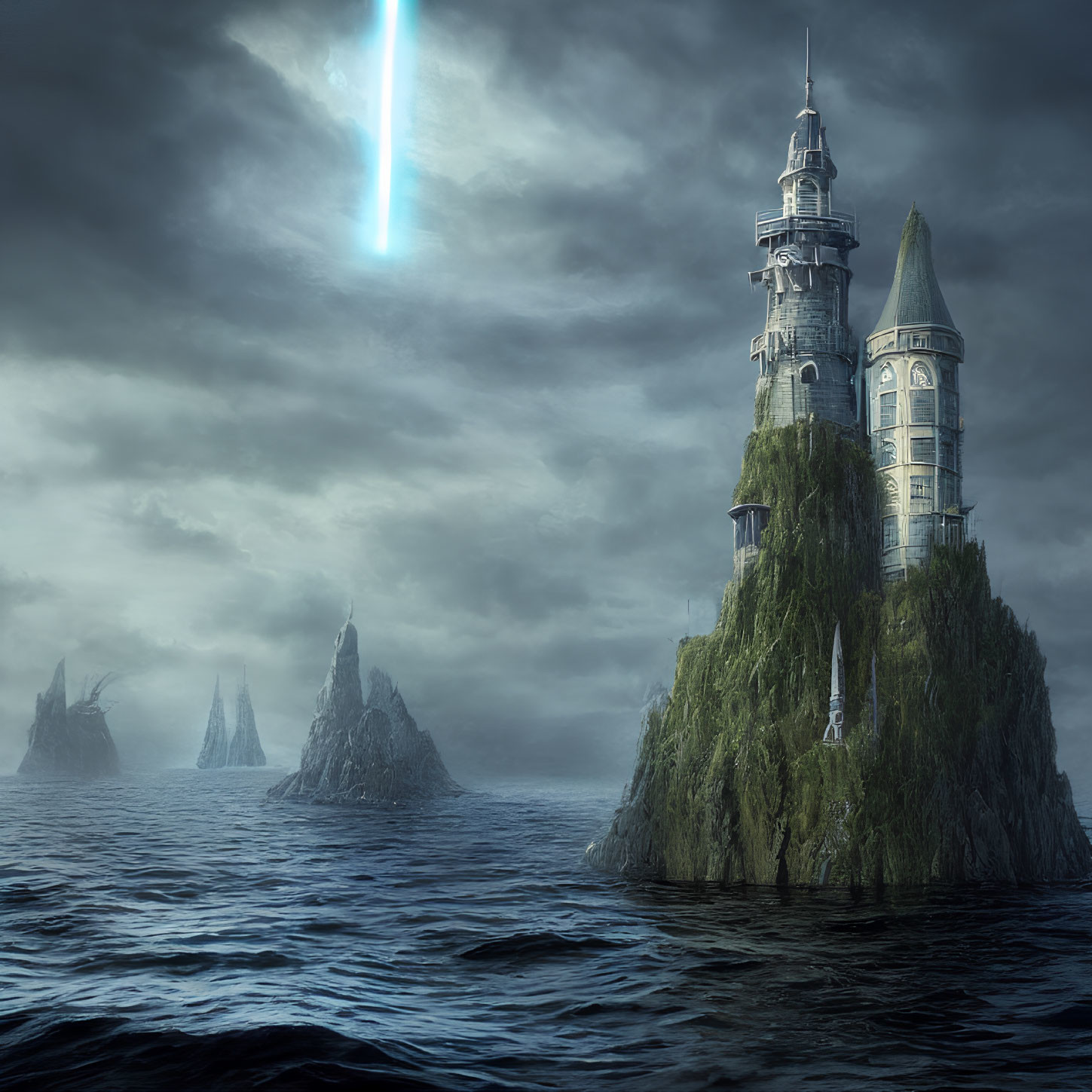 Mystical lighthouse on rugged island with blue light beams