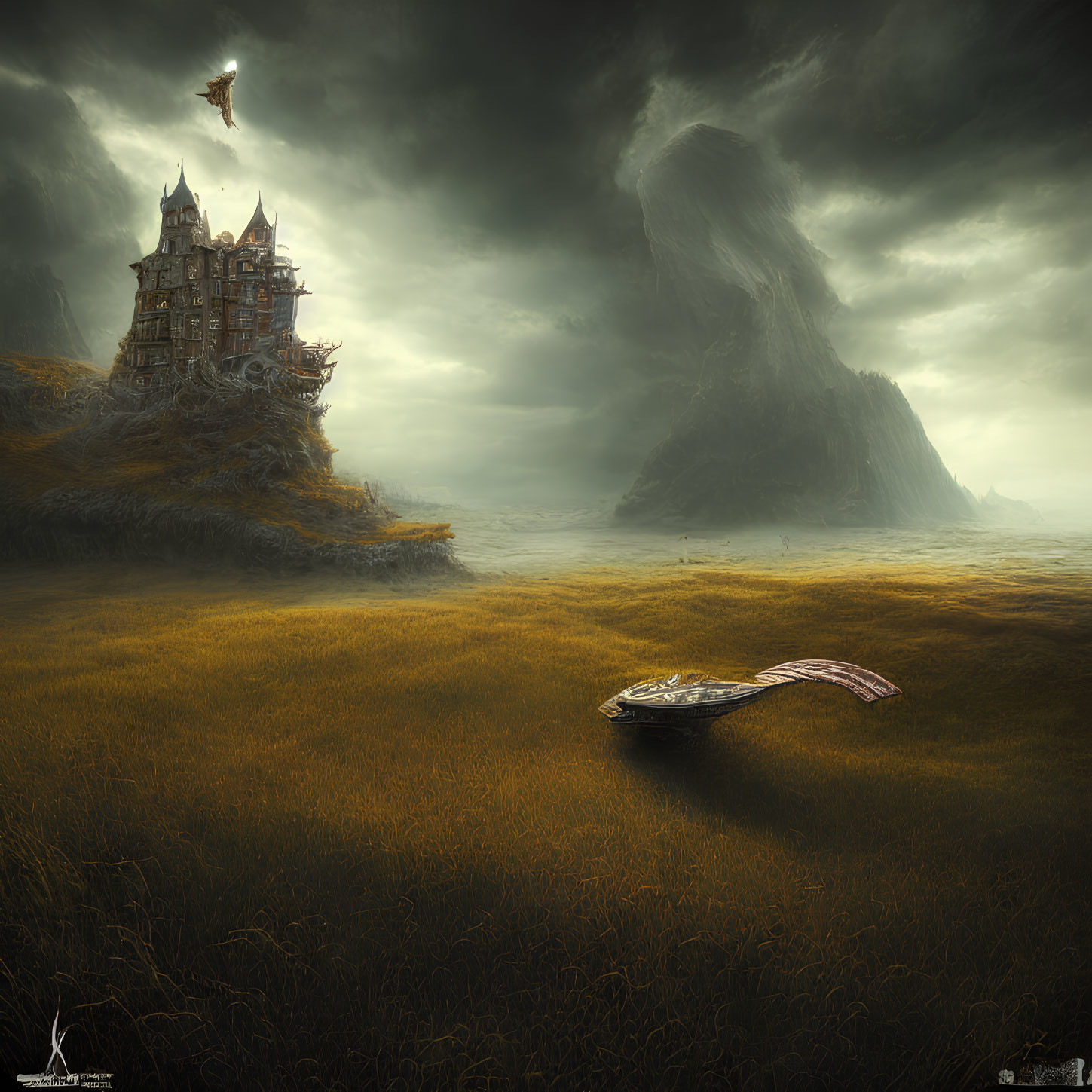 Abandoned boat in grassy field near eerie castle and flying creature
