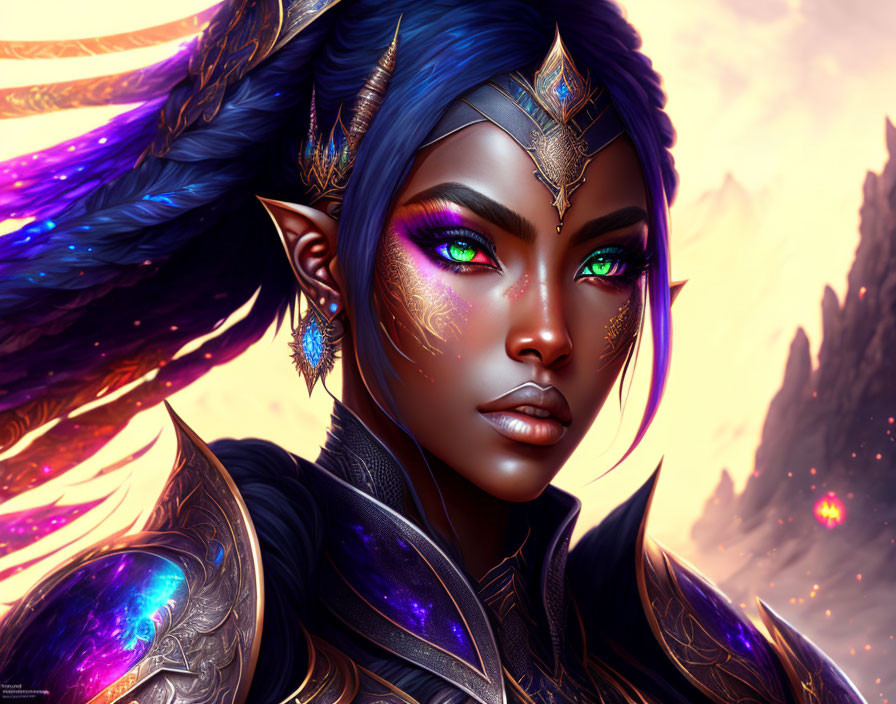 Fantasy female character with green eyes and blue skin in gold and blue armor against fiery backdrop