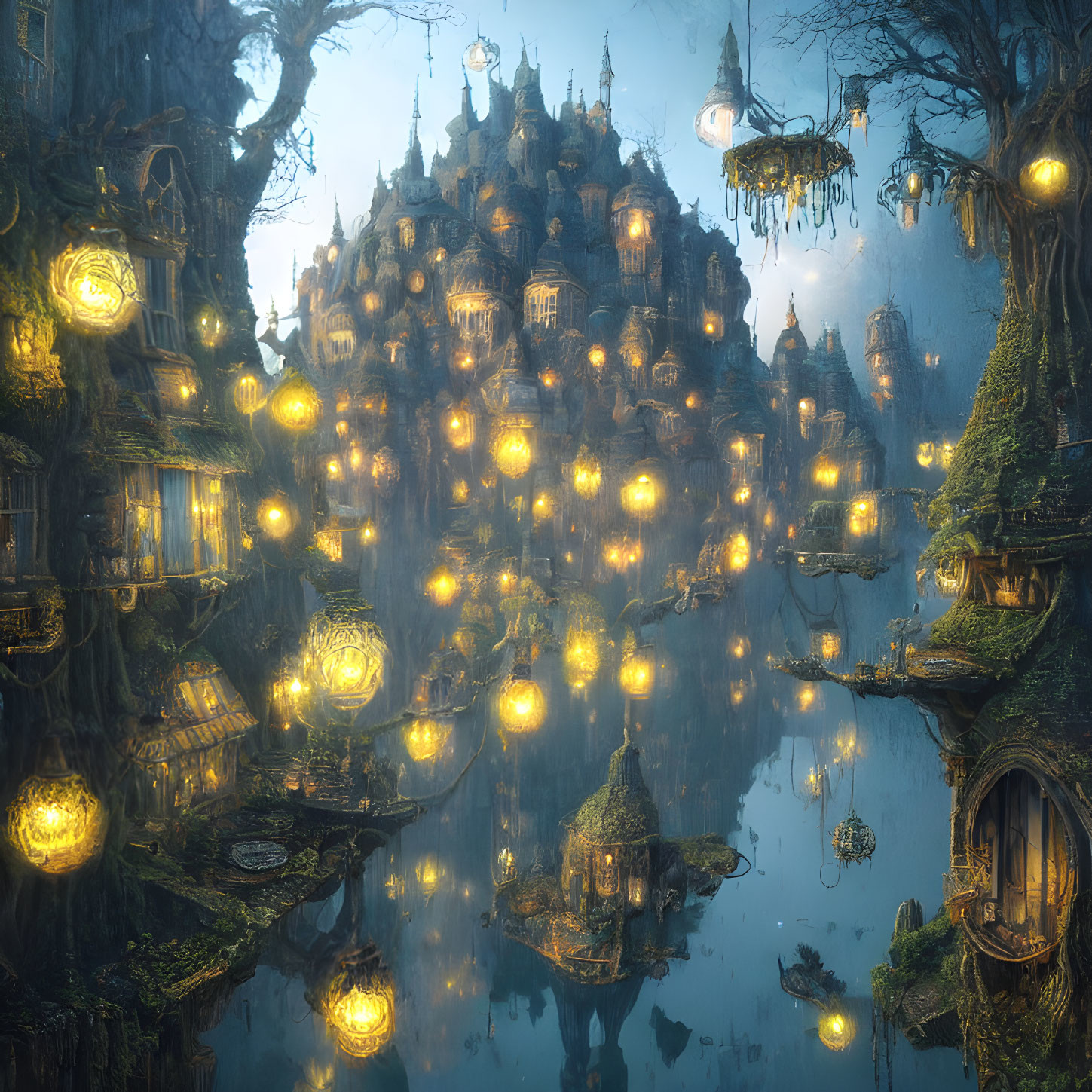 Enchanting tree city at twilight with glowing lights and intricate architecture