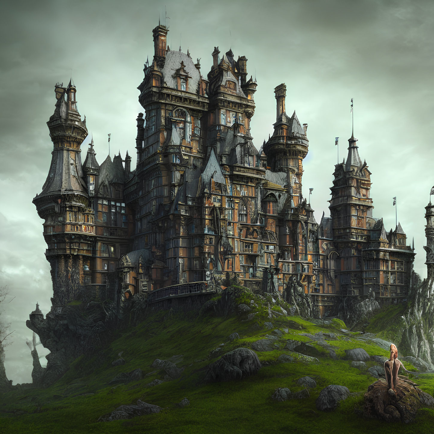Gothic castle on craggy cliff in misty landscape