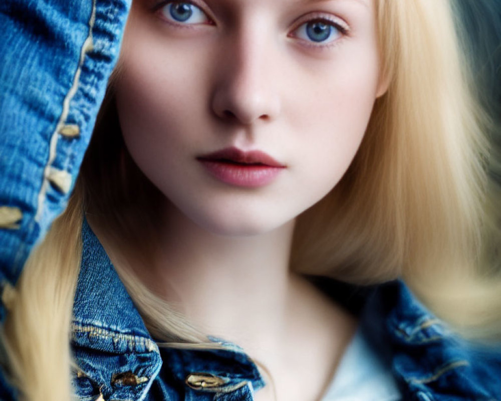 Close-up portrait of fair-skinned person in denim garment, blonde hair, direct gaze