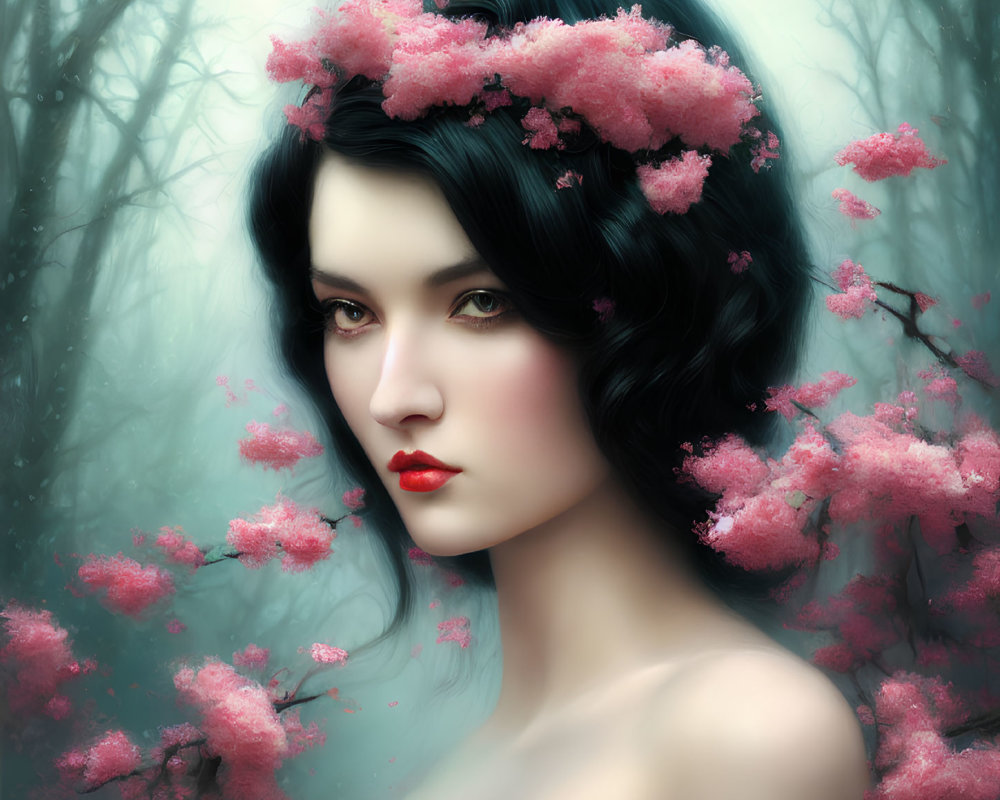 Portrait of woman with black hair and cherry blossom wreath in misty background