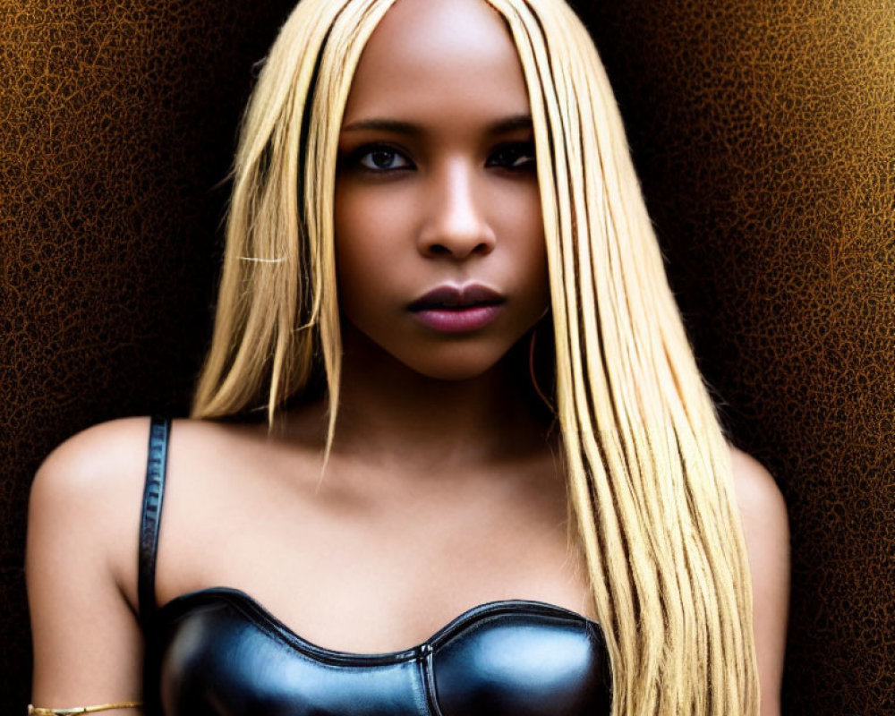 Blonde woman with braids in black top on brown patterned background