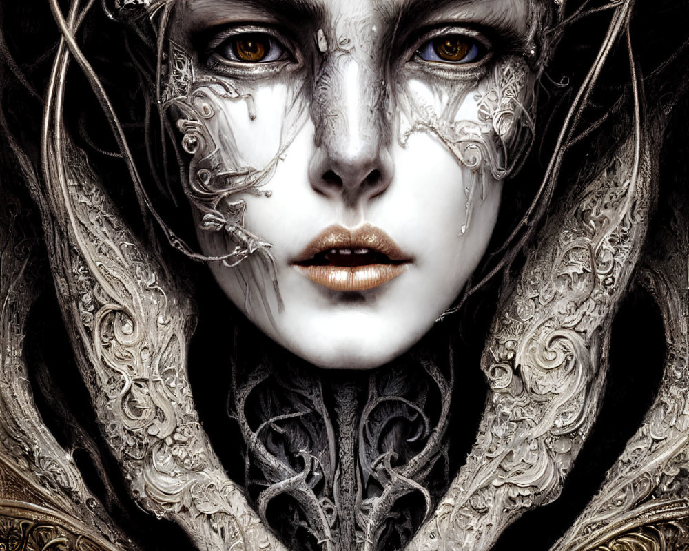 Fantasy portrait of woman with silver headgear and intricate facial markings