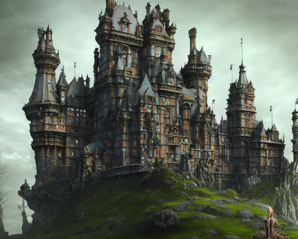 Gothic castle on craggy cliff in misty landscape