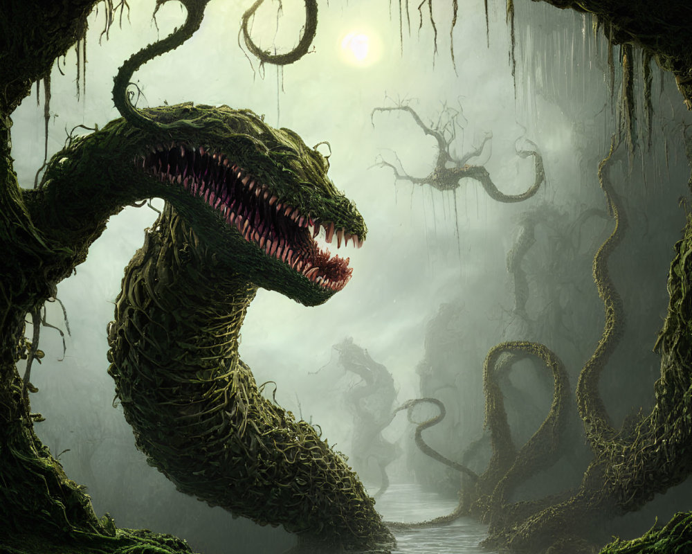 Sinister serpent-like creature in misty forest landscape.