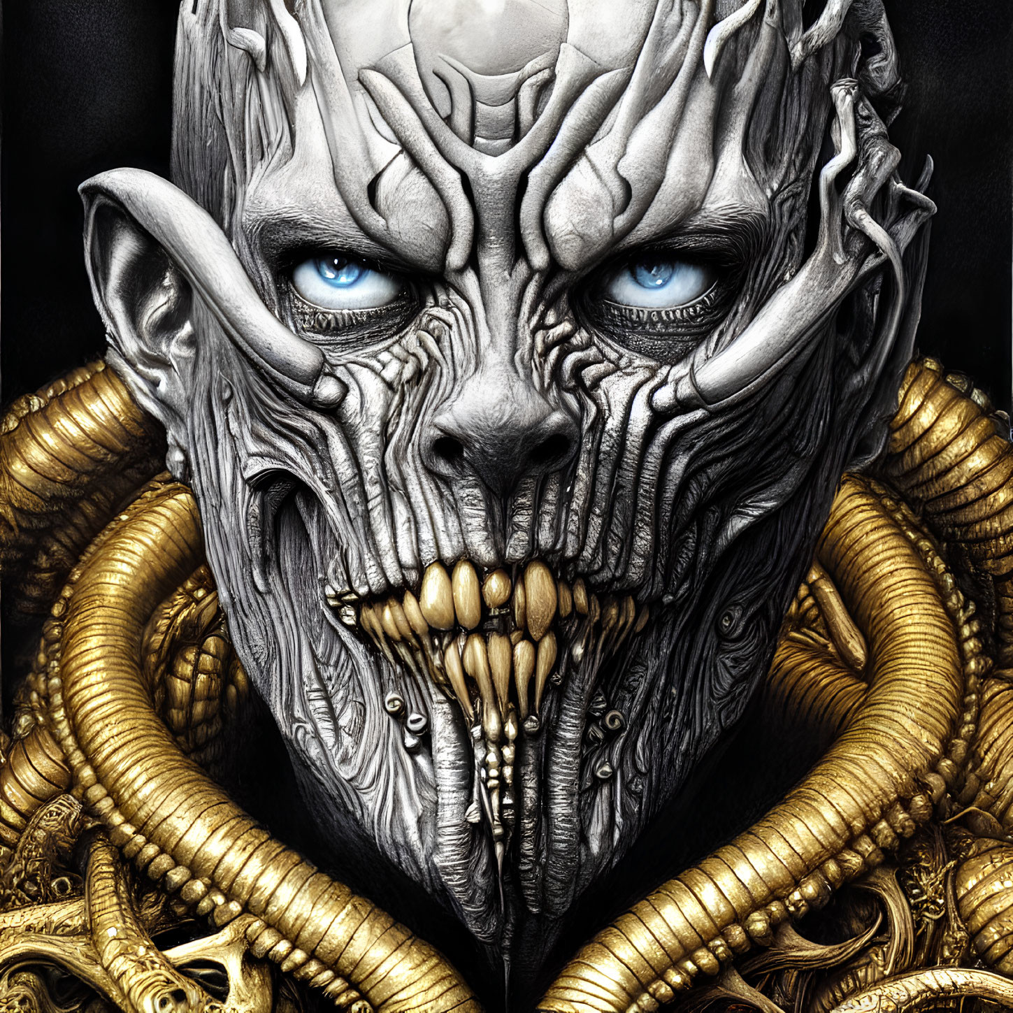 Fantasy creature with blue eyes, wooden texture face, and gold serpentine coils.