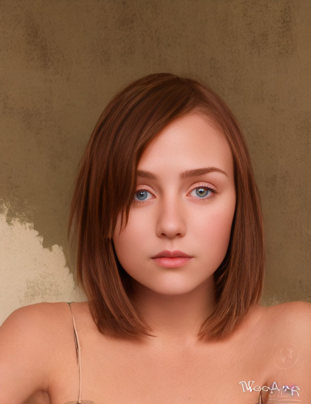 Young woman's digital portrait: short brown hair, blue eyes, gazing at viewer on beige backdrop