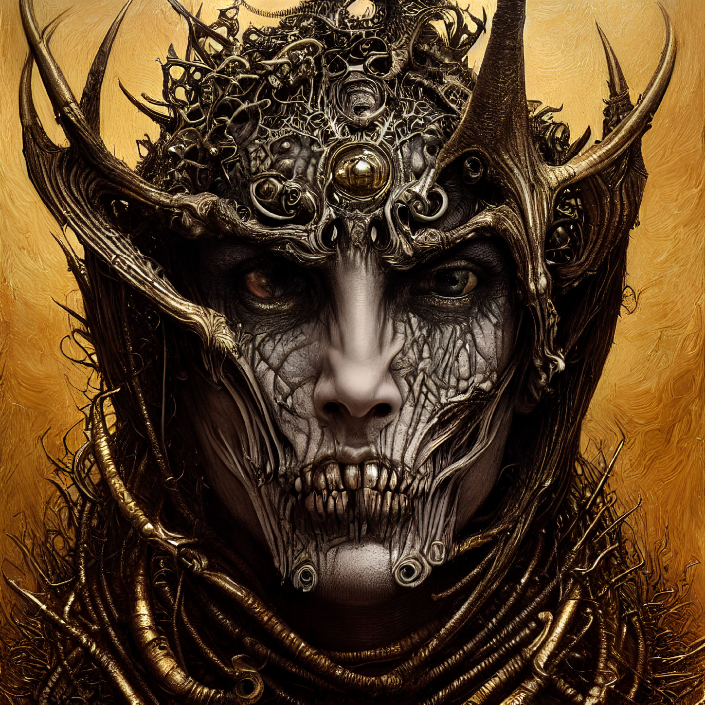 Intricate dark crown with golden accents on person against golden backdrop