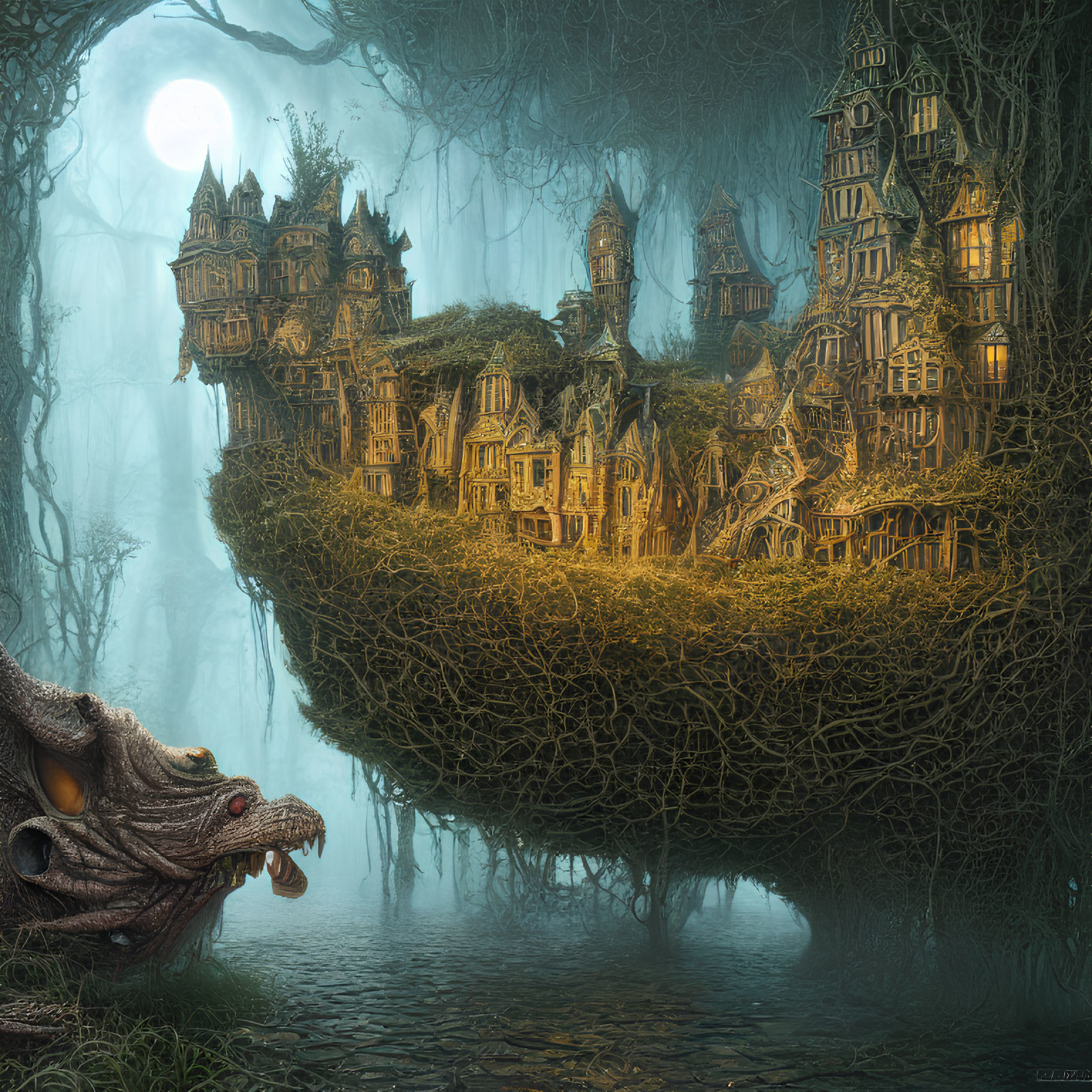 Enchanted forest scene with ancient dragon and Victorian tree town
