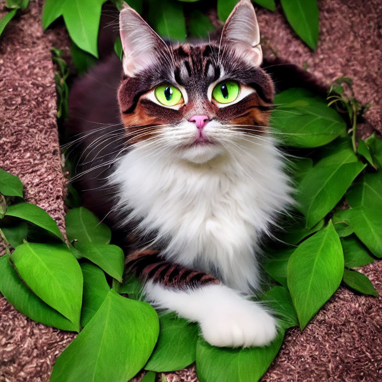 Fluffy Brown and White Cat with Green Eyes Among Green Leaves