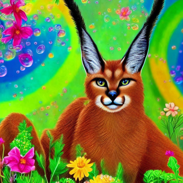 Colorful digital art: stylized caracal with exaggerated ears in floral background