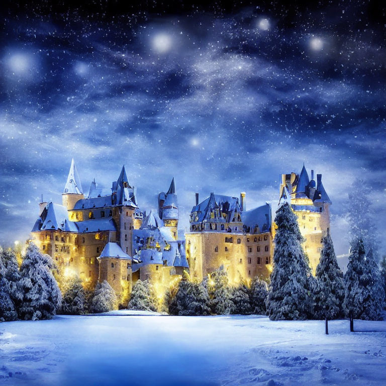Majestic castle under starry night sky in snowy landscape