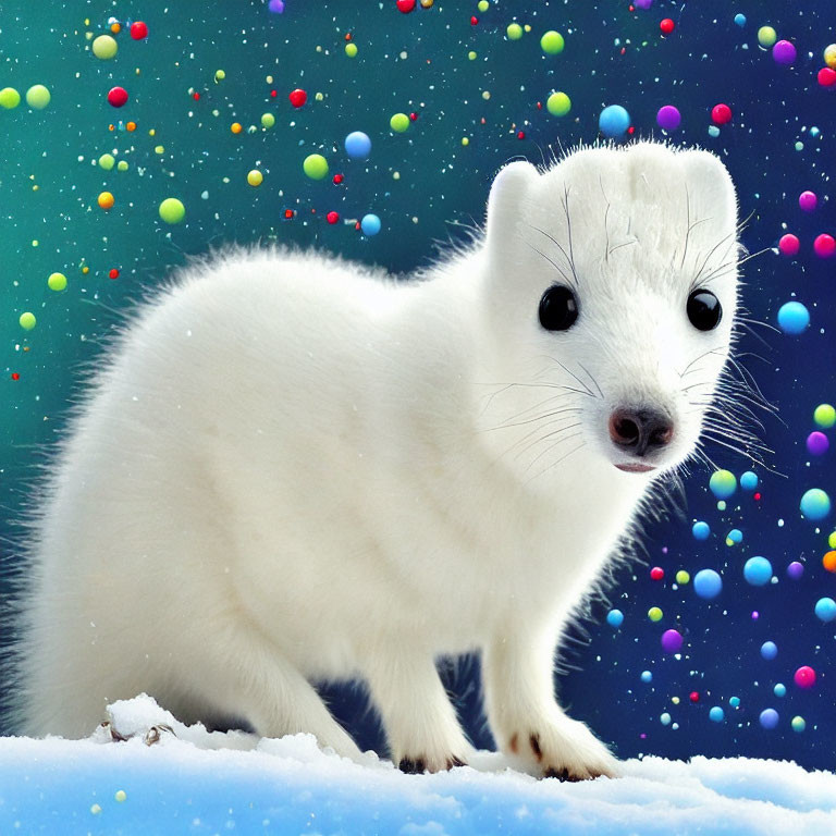White stoat in winter coat on snow with colorful bokeh lights