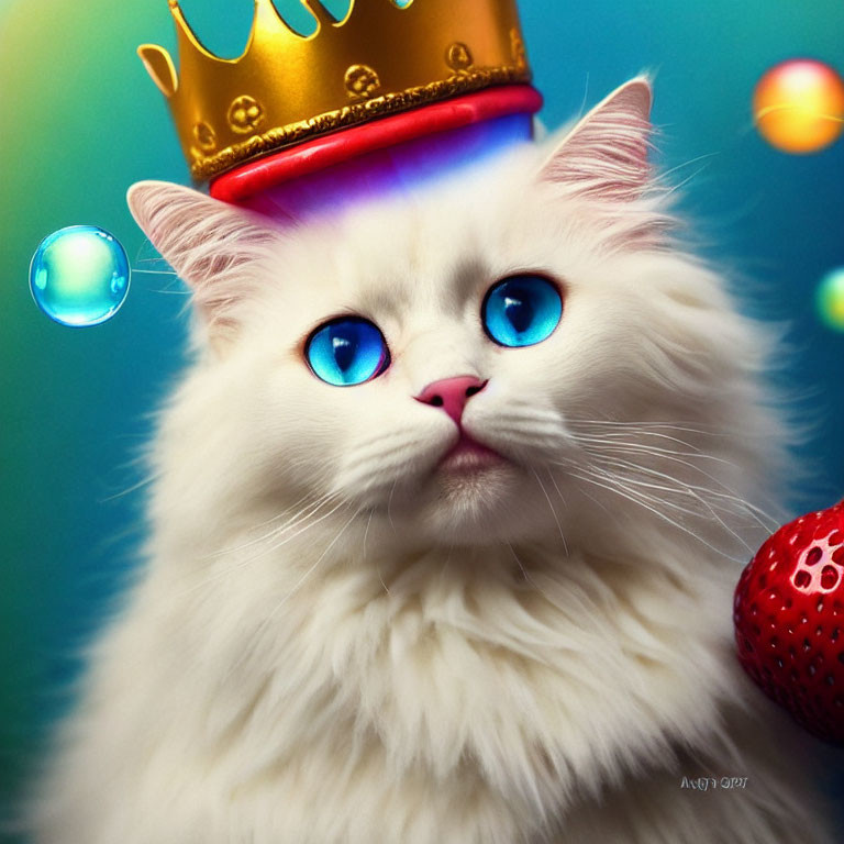 White fluffy cat with blue eyes wearing golden crown surrounded by bubbles on blue-green background