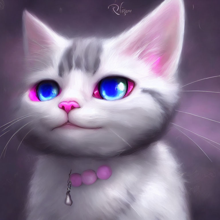 White Fluffy Kitten with Blue Eyes and Pink Collar on Purple Background