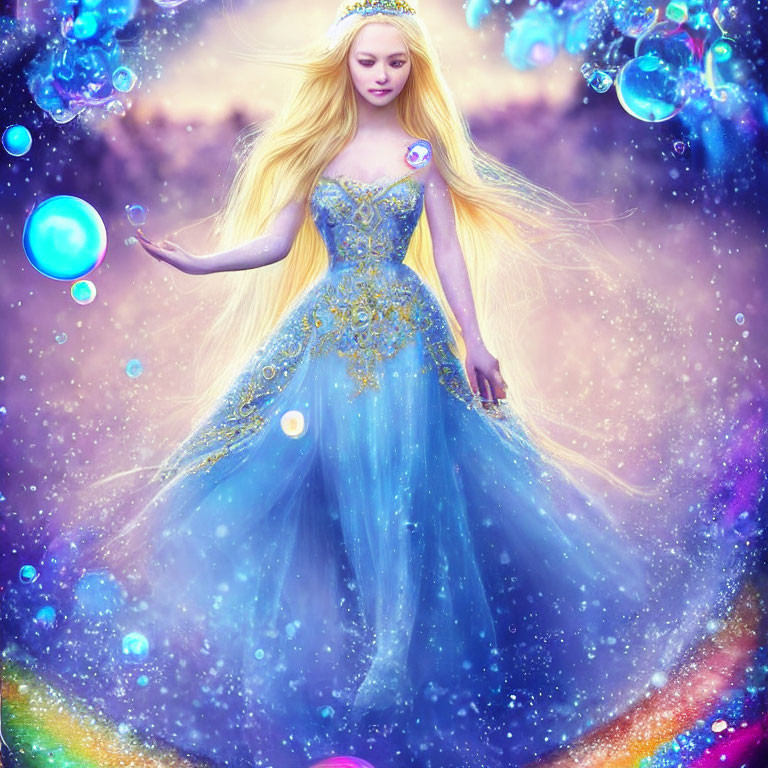 Fantasy princess in blue gown with magical bubbles on purple background