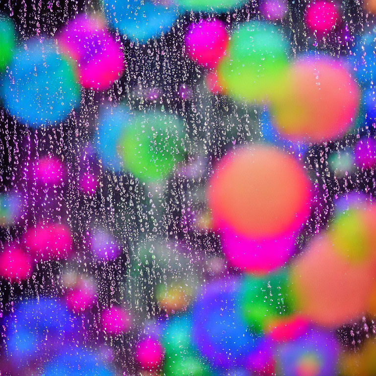 Vibrant bokeh lights through raindrop-speckled window