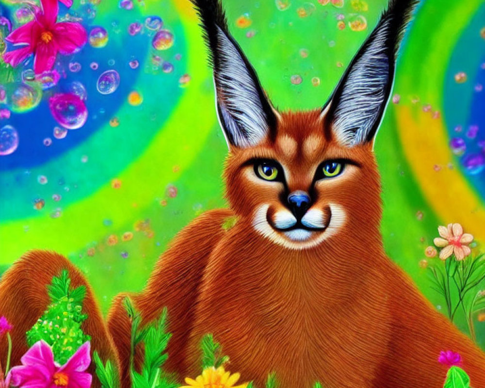 Colorful digital art: stylized caracal with exaggerated ears in floral background