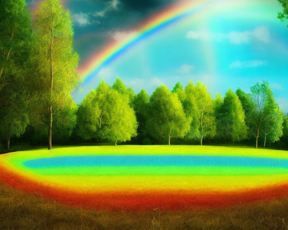 Vibrant rainbow over surreal landscape with circular rainbow-colored field.