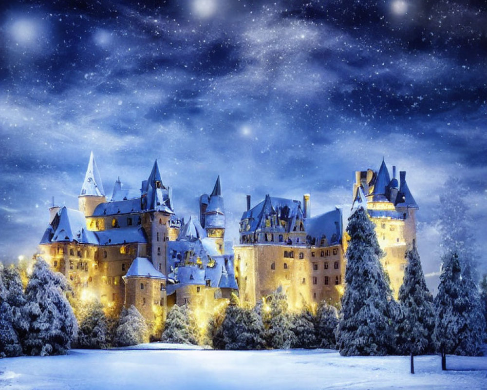 Majestic castle under starry night sky in snowy landscape