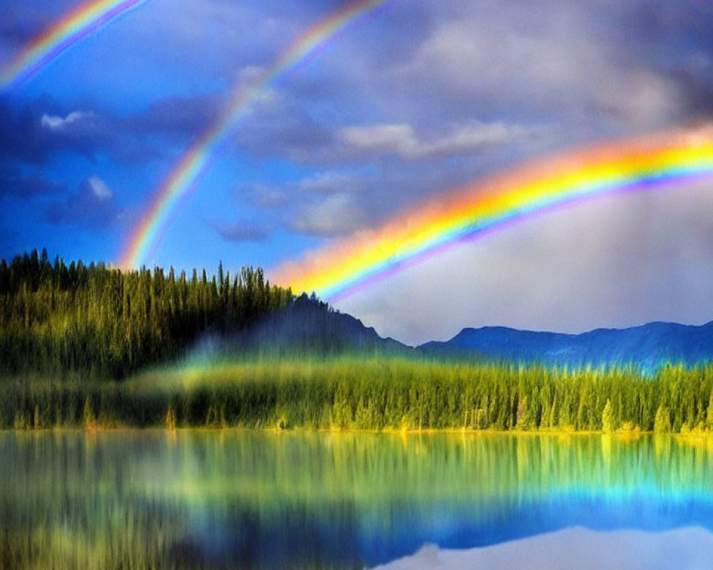 Scenic double rainbow over tranquil lake with reflection and trees in partly cloudy sky