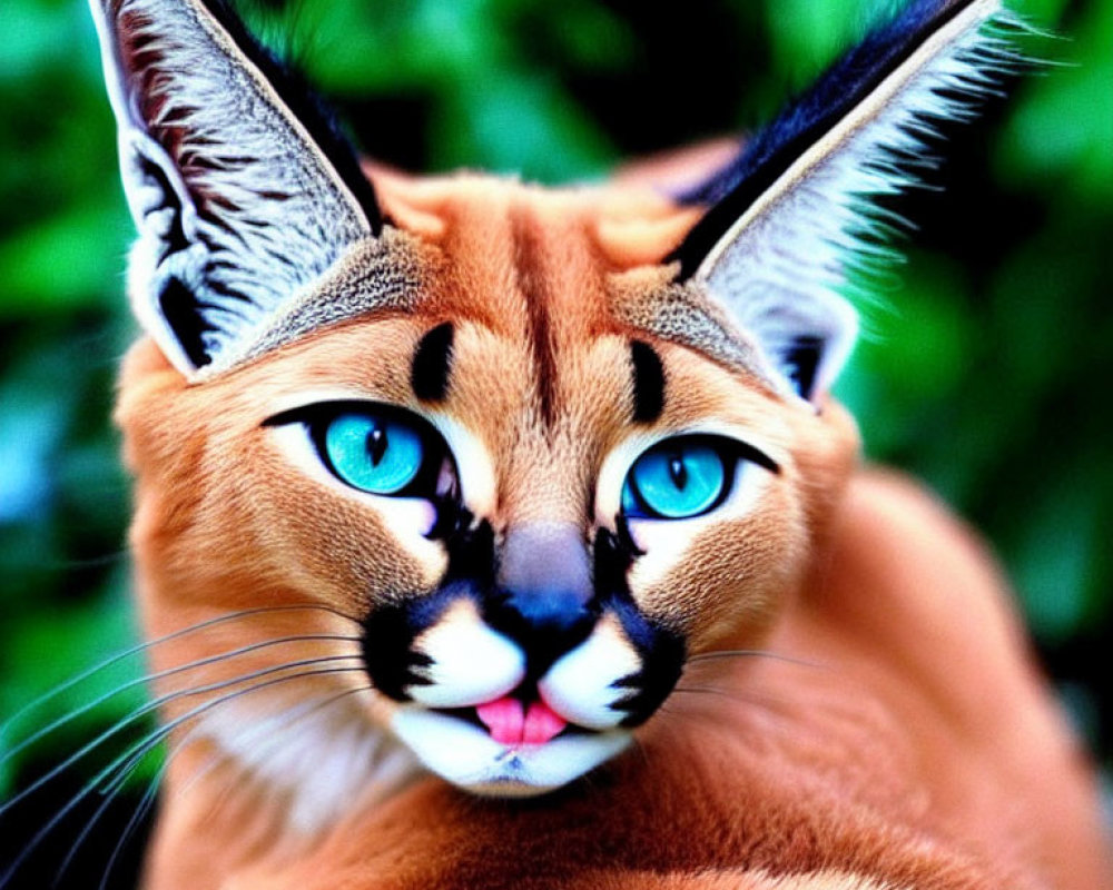 Close-up of Caracal with Blue Eyes and Black Ear Tufts on Green Background