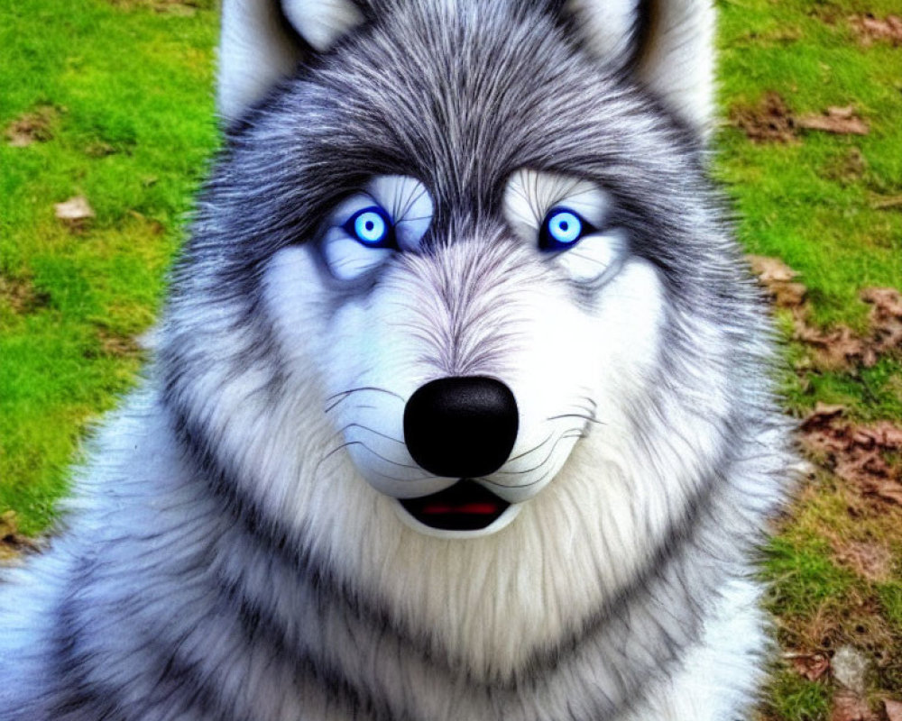 Colorful digital art: Blue-eyed husky with cartoon features on green backdrop
