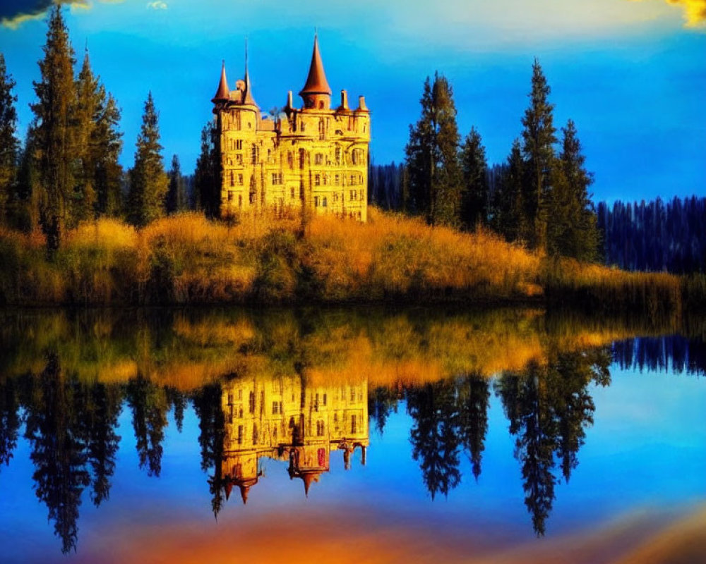 Fairytale castle with turrets reflected in tranquil lake at sunset