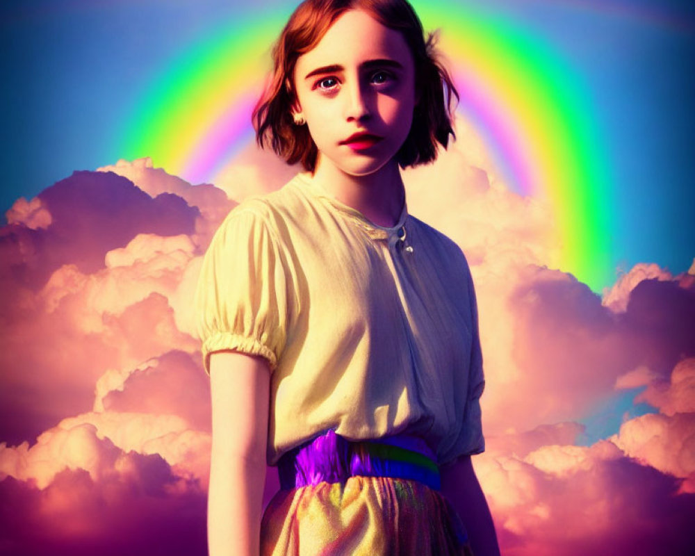 Young girl in vintage yellow blouse under double rainbow