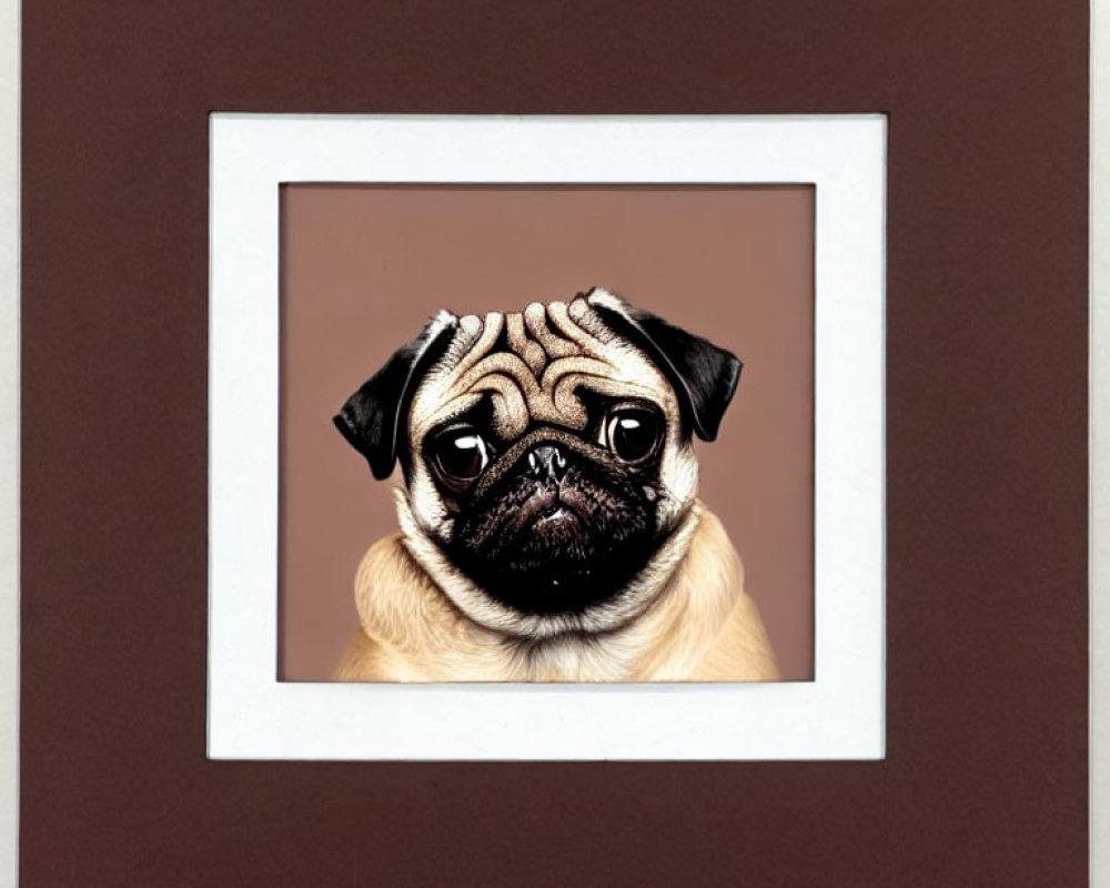 Wrinkled-faced pug with sad expression on brown background.