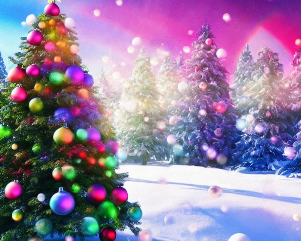 Vibrant Christmas tree with gold star in snowy forest under pink sky