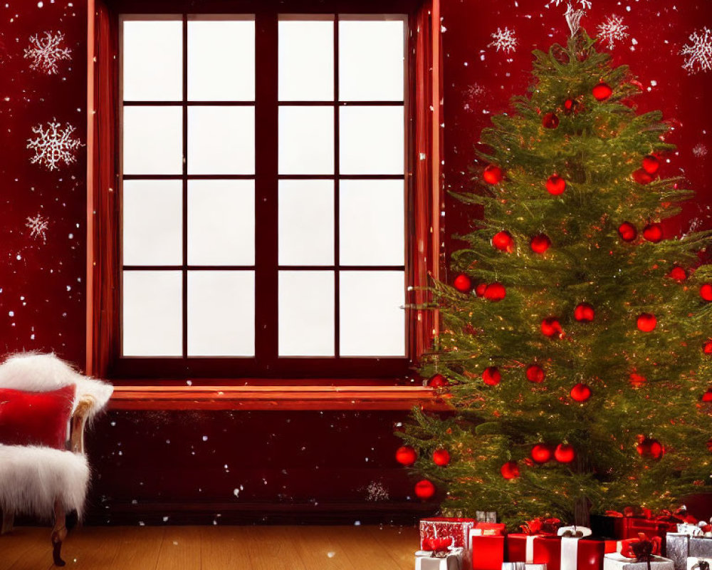 Festive Christmas scene with tree, presents, snowy window, red wall