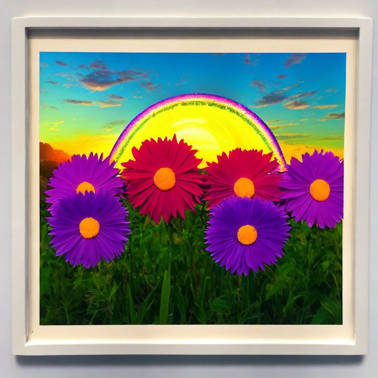 Colorful Neon Rainbow Over Vibrant Flowers in White Frame