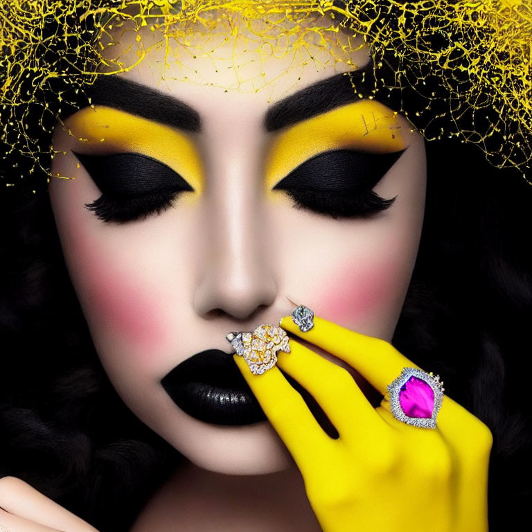 Woman with Bold Yellow Eyeshadow Holding Sparkling Yellow Filigree Ring