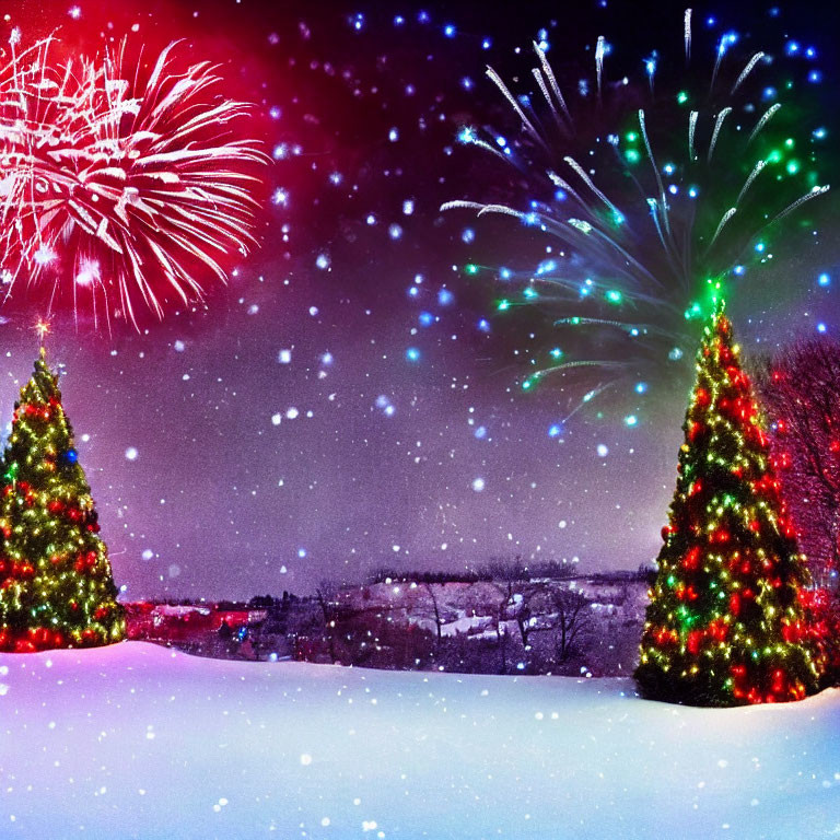 Vibrantly Lit Christmas Trees in Snowy Landscape with Fireworks