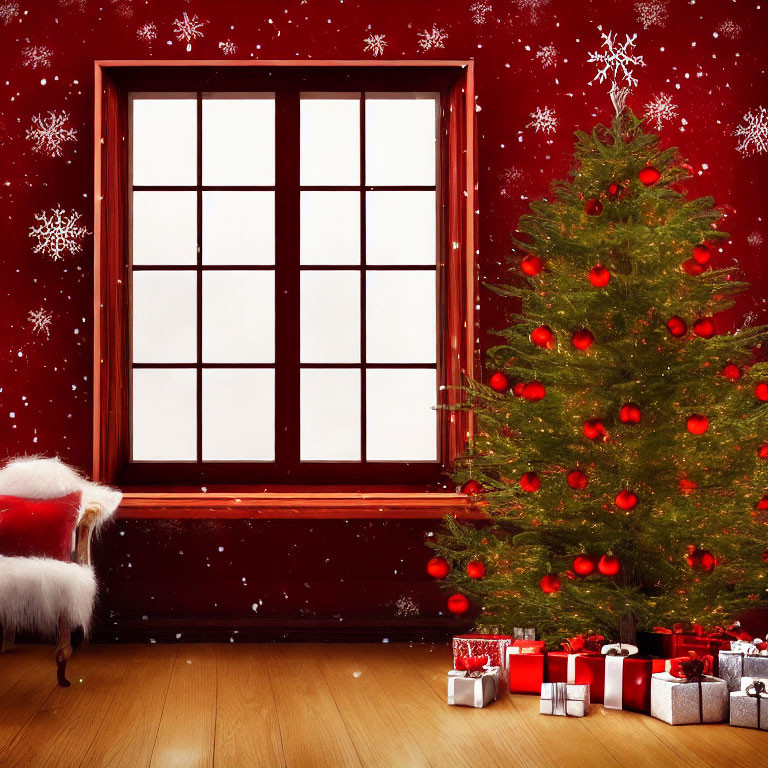 Festive Christmas scene with tree, presents, snowy window, red wall