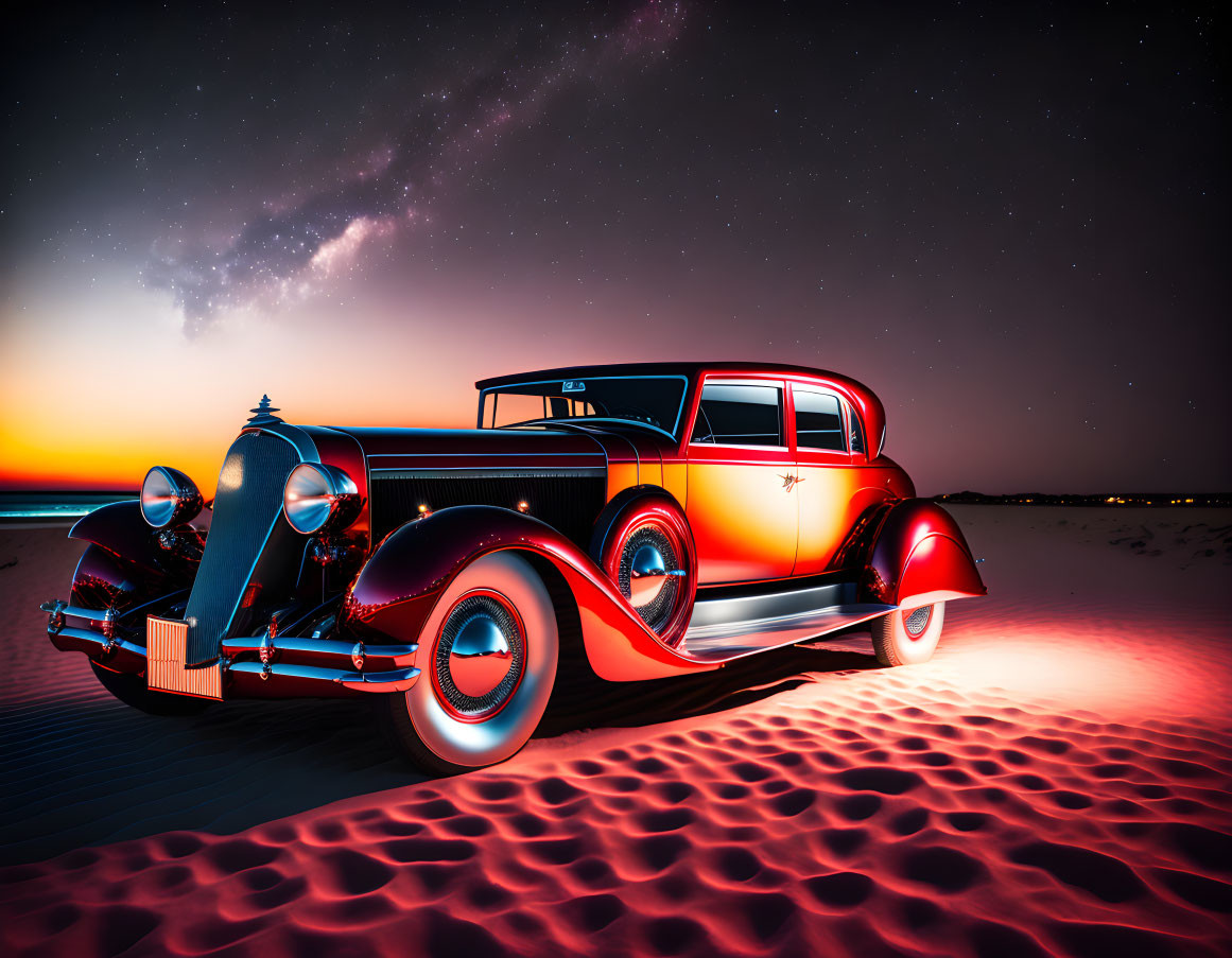 Classic Car Parked in Desert Under Starry Night Sky and Colorful Sunset