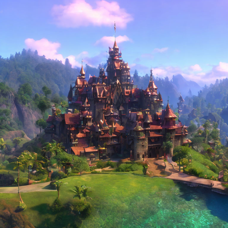 Fairytale castle in lush greenery with mountains and blue sky