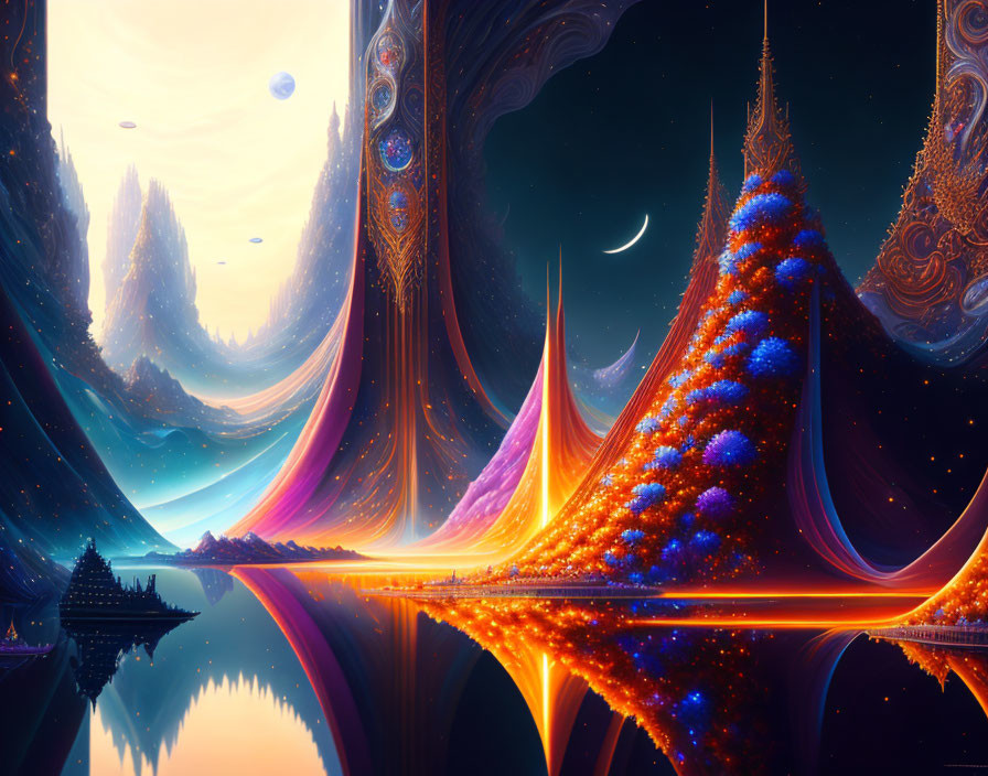 Colorful Otherworldly Landscape with Luminous Trees and Moons