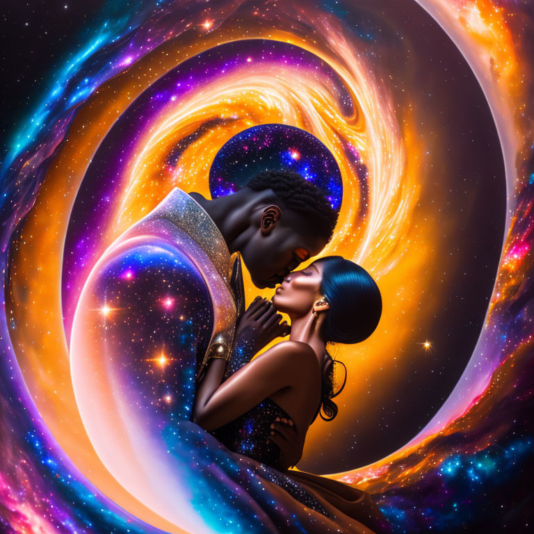 Couple Embraces in Surreal Cosmic Setting with Stars and Nebulae