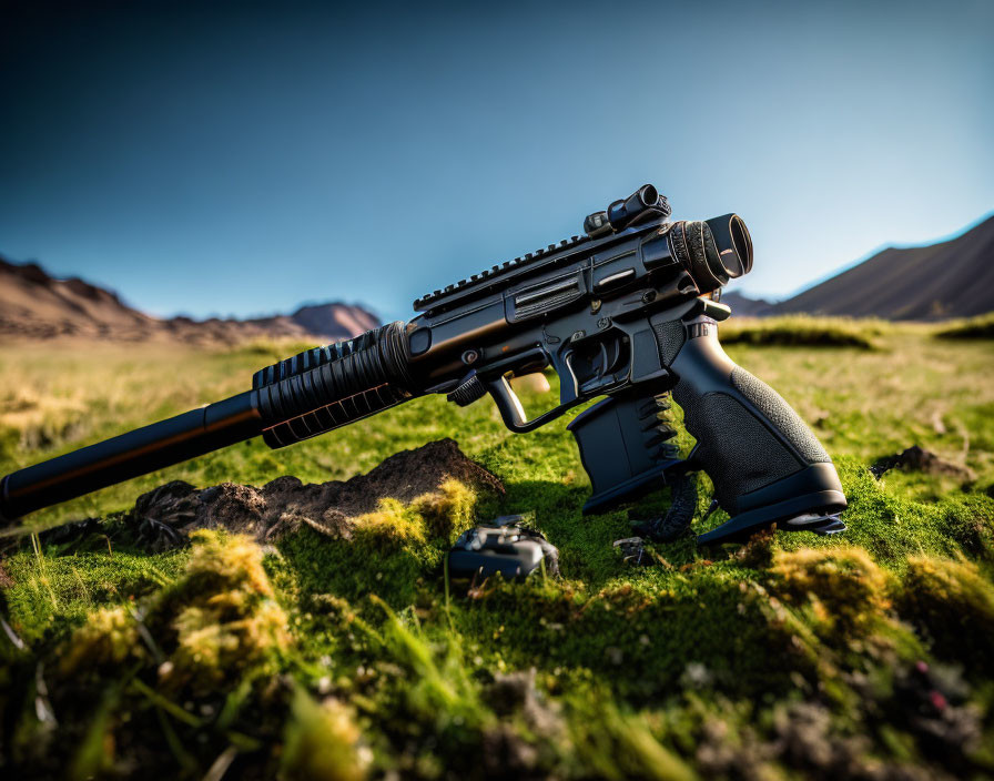 Black Tactical Pistol with Extended Barrel and Scope on Mossy Ground
